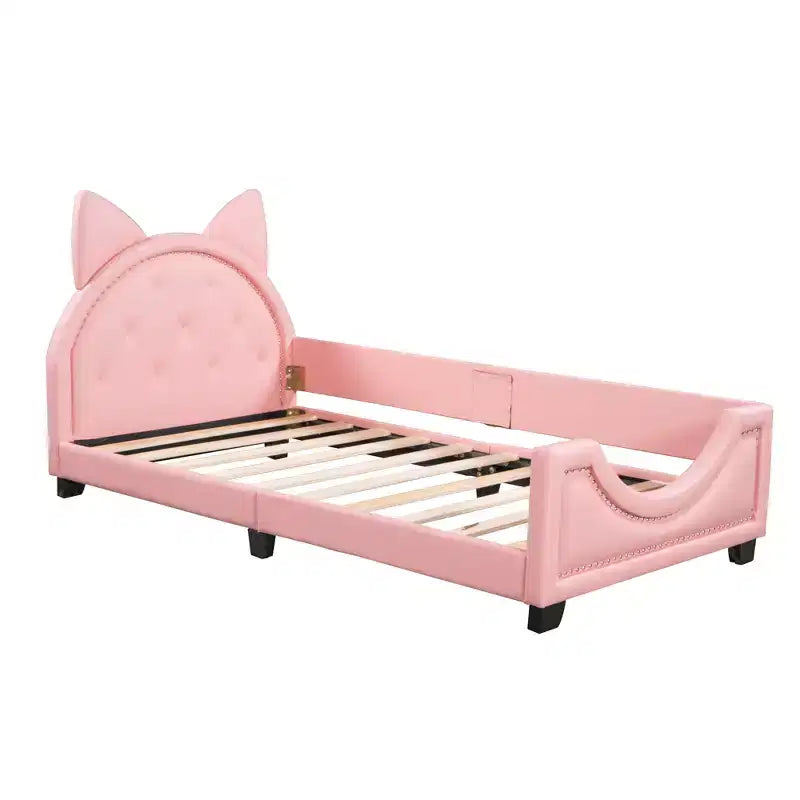 Lit de repos en carton taille jumeau pour enfants, cadre de lit de repos en cuir PU avec tête de lit en forme d'oreilles et décoration de rivets pour filles et garçons, rose
