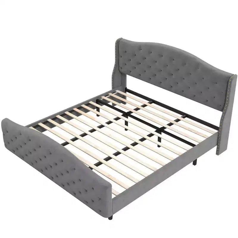Cadre de lit Queen avec tête et pied de lit, plateforme de lit capitonnée en velours avec dossier ailé, aucun sommier tapissier requis, capacité de 360 kg