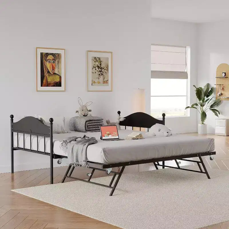 Lit de repos Acekool avec lit gigogne escamotable, cadre de lit double en métal avec tête de lit transformable en canapé, support à lattes en acier renforcé, marron rustique