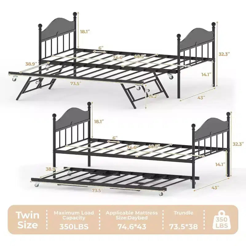 Lit de repos Acekool avec lit gigogne escamotable, cadre de lit double en métal avec tête de lit transformable en canapé, support à lattes en acier renforcé, marron rustique