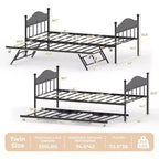 Lit de repos Acekool avec lit gigogne escamotable, cadre de lit double en métal avec tête de lit transformable en canapé, support à lattes en acier renforcé, marron rustique