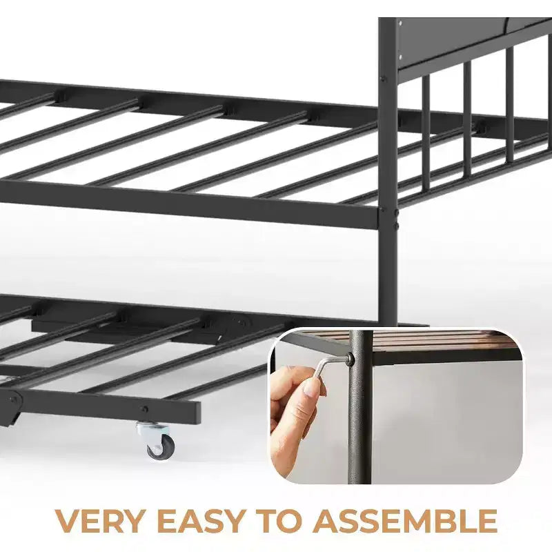 Lit de repos Acekool avec lit gigogne escamotable, cadre de lit double en métal avec tête de lit transformable en canapé, support à lattes en acier renforcé, marron rustique
