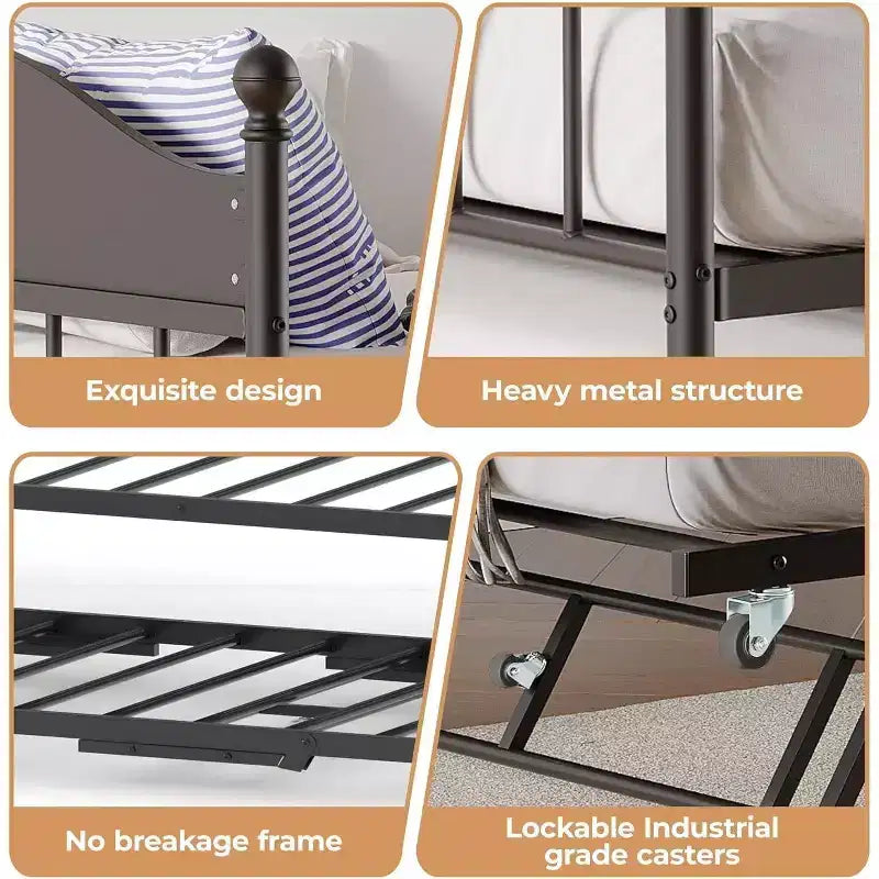 Lit de repos Acekool avec lit gigogne escamotable, cadre de lit double en métal avec tête de lit transformable en canapé, support à lattes en acier renforcé, marron rustique