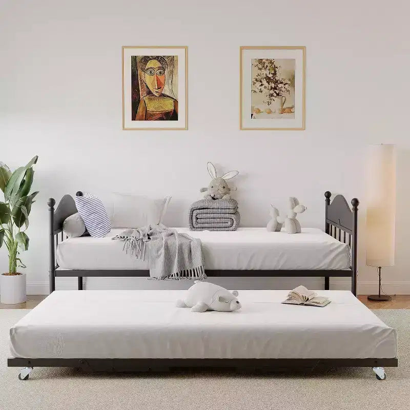 Lit de repos Acekool avec lit gigogne escamotable, cadre de lit double en métal avec tête de lit transformable en canapé, support à lattes en acier renforcé, marron rustique