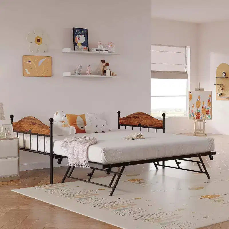 Lit de repos Acekool avec lit gigogne escamotable, cadre de lit double en métal avec tête de lit transformable en canapé, support à lattes en acier renforcé, marron rustique