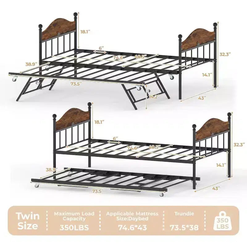 Lit de repos Acekool avec lit gigogne escamotable, cadre de lit double en métal avec tête de lit transformable en canapé, support à lattes en acier renforcé, marron rustique