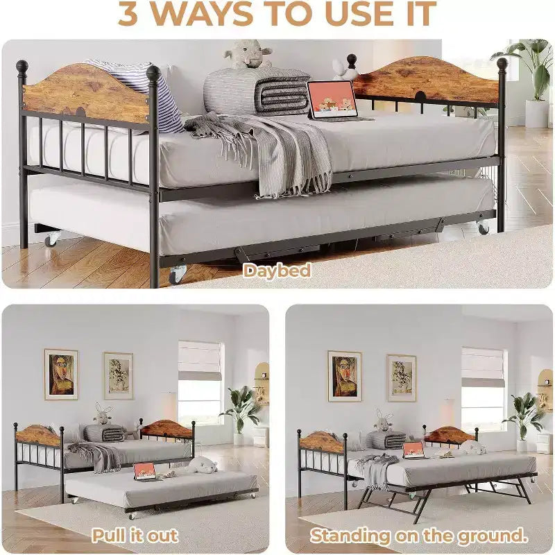 Lit de repos Acekool avec lit gigogne escamotable, cadre de lit double en métal avec tête de lit transformable en canapé, support à lattes en acier renforcé, marron rustique
