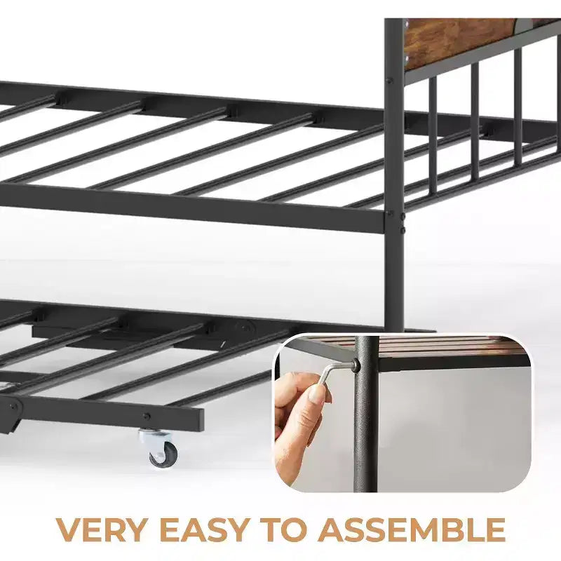 Lit de repos Acekool avec lit gigogne escamotable, cadre de lit double en métal avec tête de lit transformable en canapé, support à lattes en acier renforcé, marron rustique