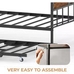 Lit de repos Acekool avec lit gigogne escamotable, cadre de lit double en métal avec tête de lit transformable en canapé, support à lattes en acier renforcé, marron rustique