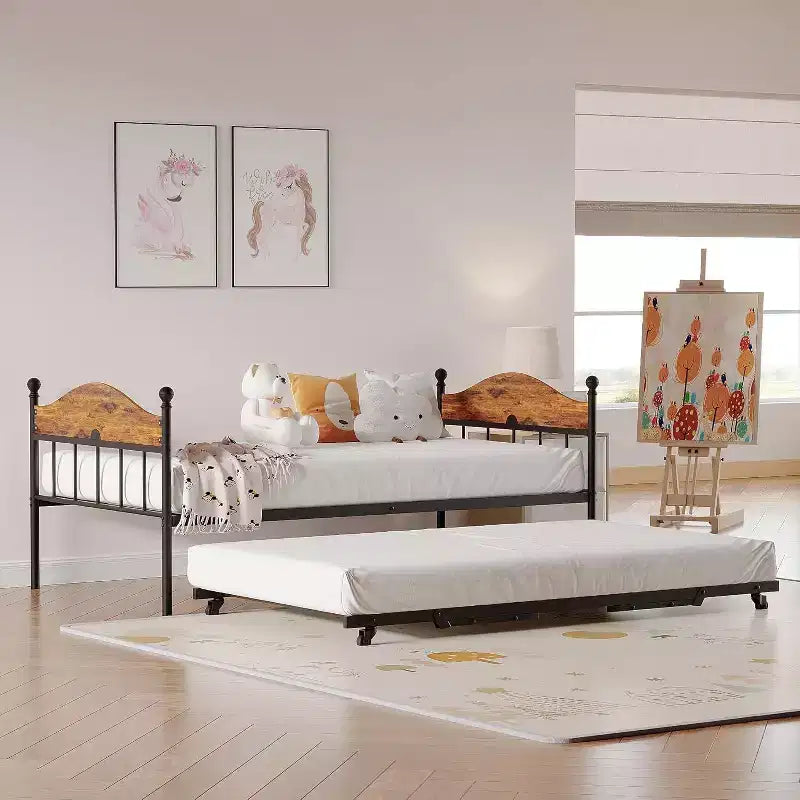 Lit de repos Acekool avec lit gigogne escamotable, cadre de lit double en métal avec tête de lit transformable en canapé, support à lattes en acier renforcé, marron rustique
