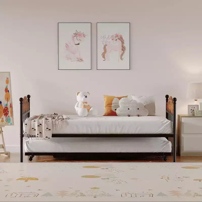 Lit de repos Acekool avec lit gigogne escamotable, cadre de lit double en métal avec tête de lit transformable en canapé, support à lattes en acier renforcé, marron rustique