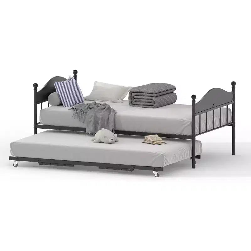 Lit de repos Acekool avec lit gigogne escamotable, cadre de lit double en métal avec tête de lit transformable en canapé, support à lattes en acier renforcé, marron rustique