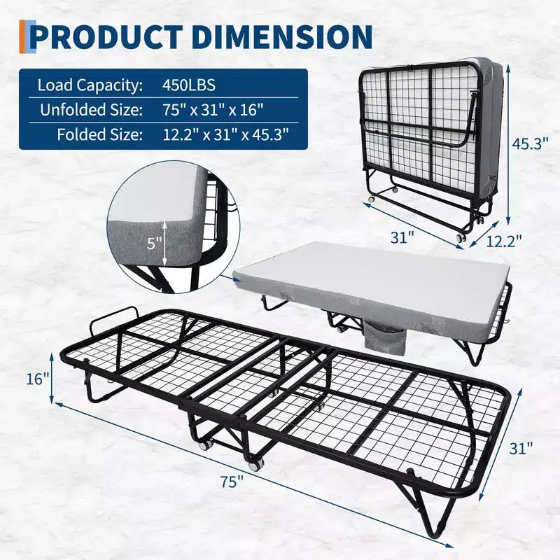 Lit pliant Coolmee avec matelas, lit pliant portable sur roulettes avec poche latérale de rangement pour le bureau, la chambre, gain de place, rangement facile