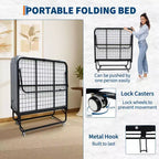 Lit pliant Coolmee avec matelas, lit pliant portable sur roulettes avec poche latérale de rangement pour le bureau, la chambre, gain de place, rangement facile