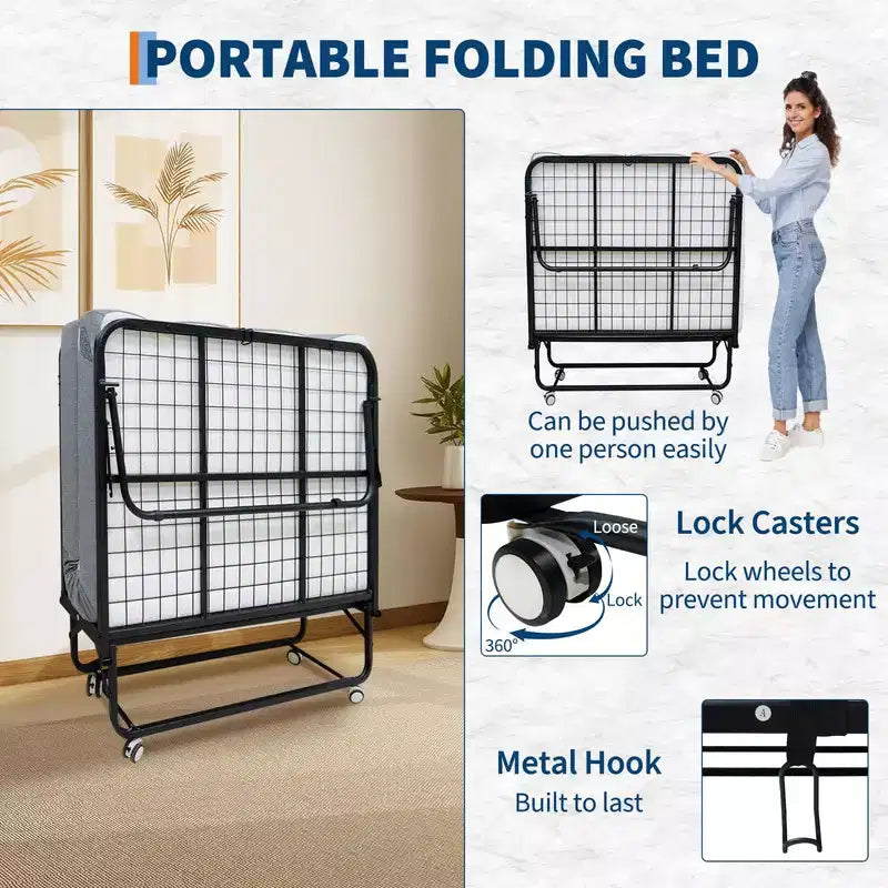 Lit pliant Coolmee avec matelas, lit pliant portable sur roulettes avec poche latérale de rangement pour le bureau, la chambre, gain de place, rangement facile