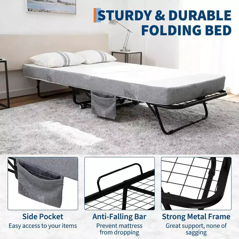 Lit pliant Coolmee avec matelas, lit pliant portable sur roulettes avec poche latérale de rangement pour le bureau, la chambre, gain de place, rangement facile