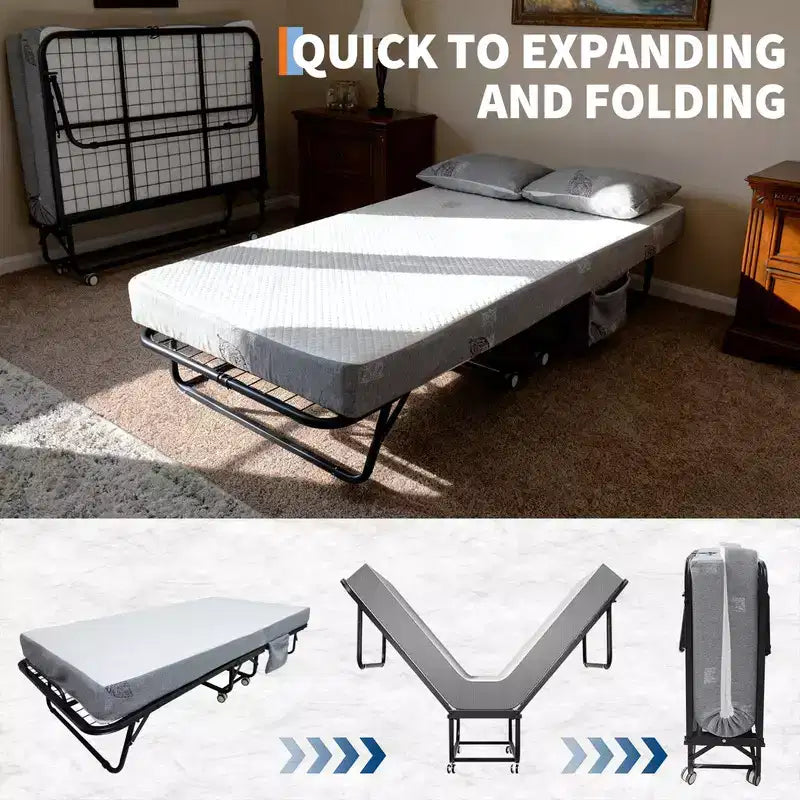 Lit pliant Coolmee avec matelas, lit pliant portable sur roulettes avec poche latérale de rangement pour le bureau, la chambre, gain de place, rangement facile