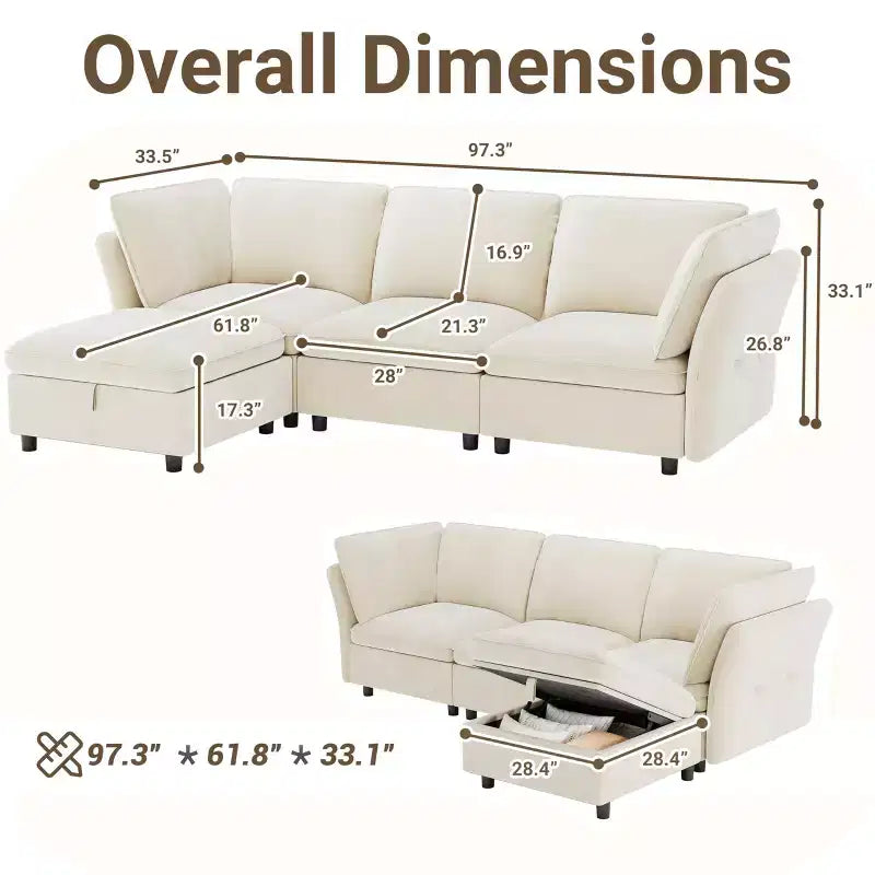 Canapé d'angle en forme de L 97, canapé modulaire rembourré avec pouf de rangement, canapé-lit profond pour salon, bureau et appartement