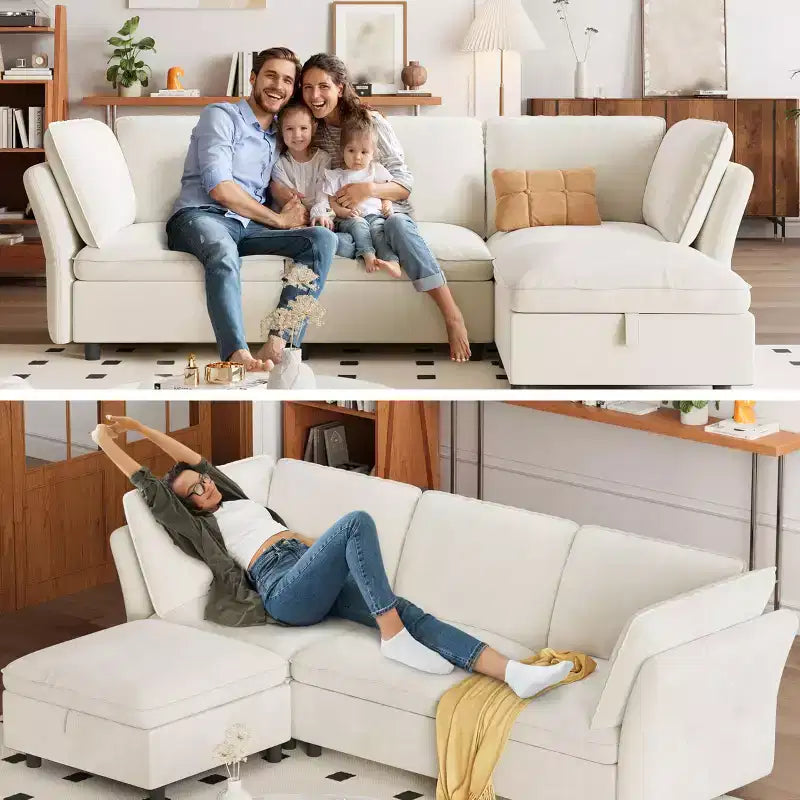 Canapé d'angle en forme de L 97, canapé modulaire rembourré avec pouf de rangement, canapé-lit profond pour salon, bureau et appartement