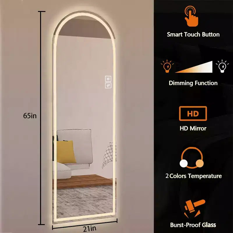 Miroir pleine longueur GDFStudio Astra moderne 65H arqué à LED avec modes d'éclairage réglables