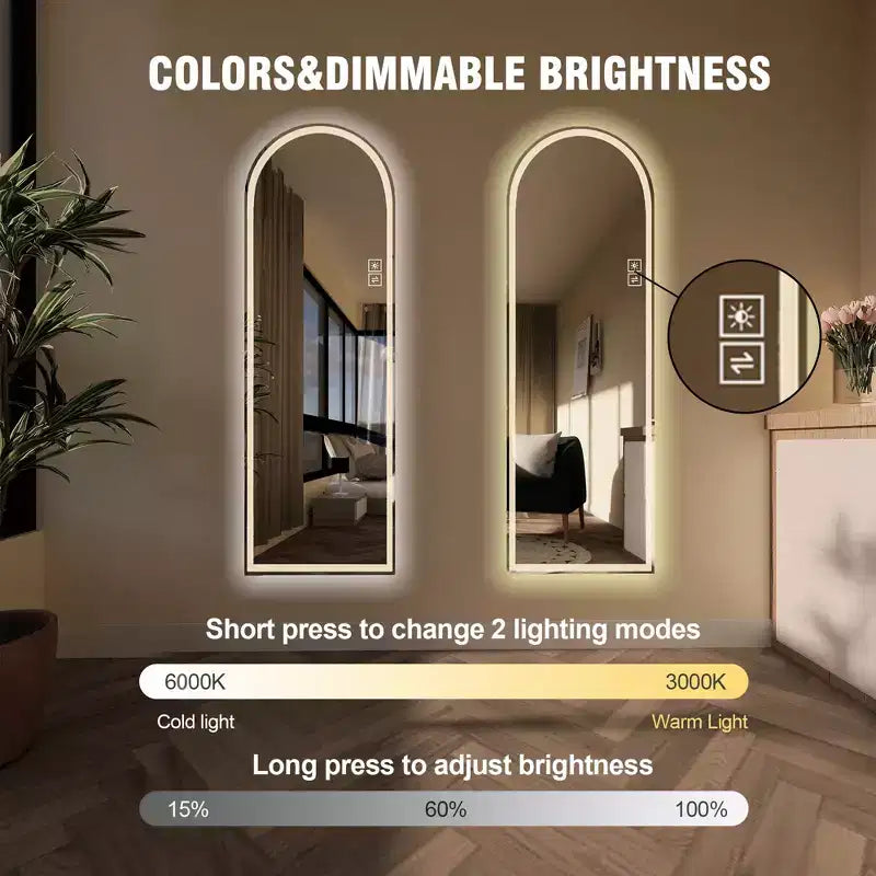 Miroir pleine longueur GDFStudio Astra moderne 65H arqué à LED avec modes d'éclairage réglables