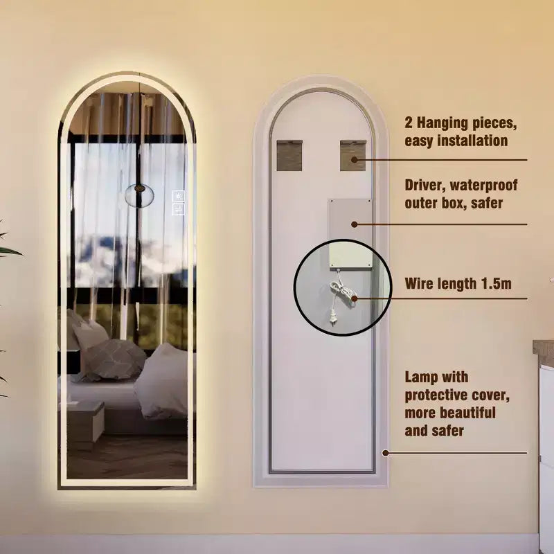 Miroir pleine longueur GDFStudio Astra moderne 65H arqué à LED avec modes d'éclairage réglables