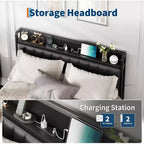 Cadre de Lit Double Acekool en Métal avec Station de Recharge, Tête de Lit et Pied de Lit de Rangement en Similicuir