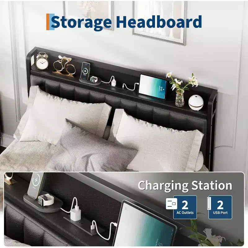 Cadre de Lit Double Acekool en Métal avec Station de Recharge, Tête de Lit et Pied de Lit de Rangement en Similicuir