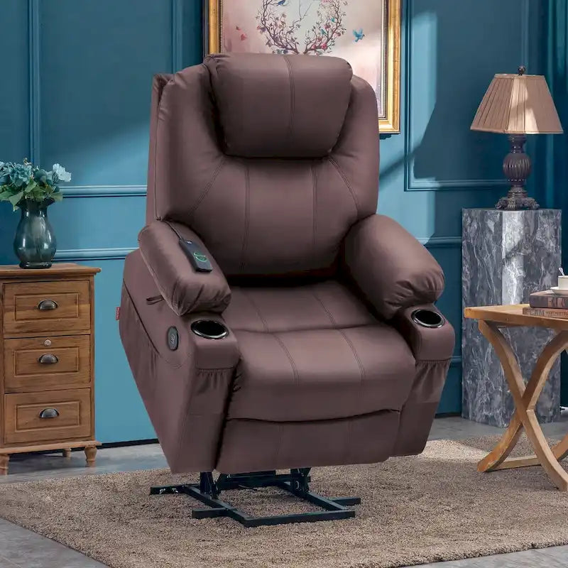 Fauteuil inclinable électrique grand format en cuir MCombo avec massage, chauffage, porte-gobelets, repose-pieds étendu, cuir 7516