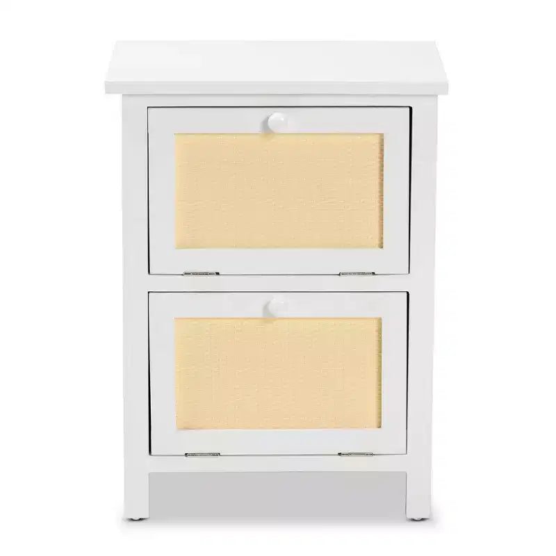 Sariah Wood Rattan 2 Door Nightstand White - Baxton Studio