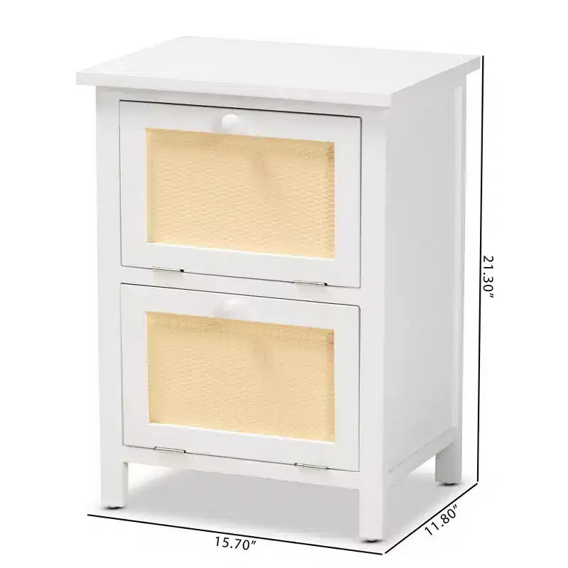 Table de chevet Sariah en rotin blanc à 2 portes - Baxton Studio