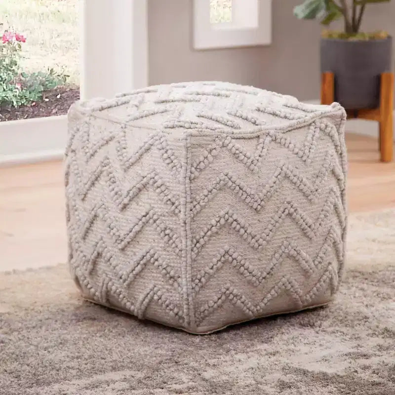 Kenzari Square Zigzag Handwoven Pouf Ivory - Steve Silver Co.