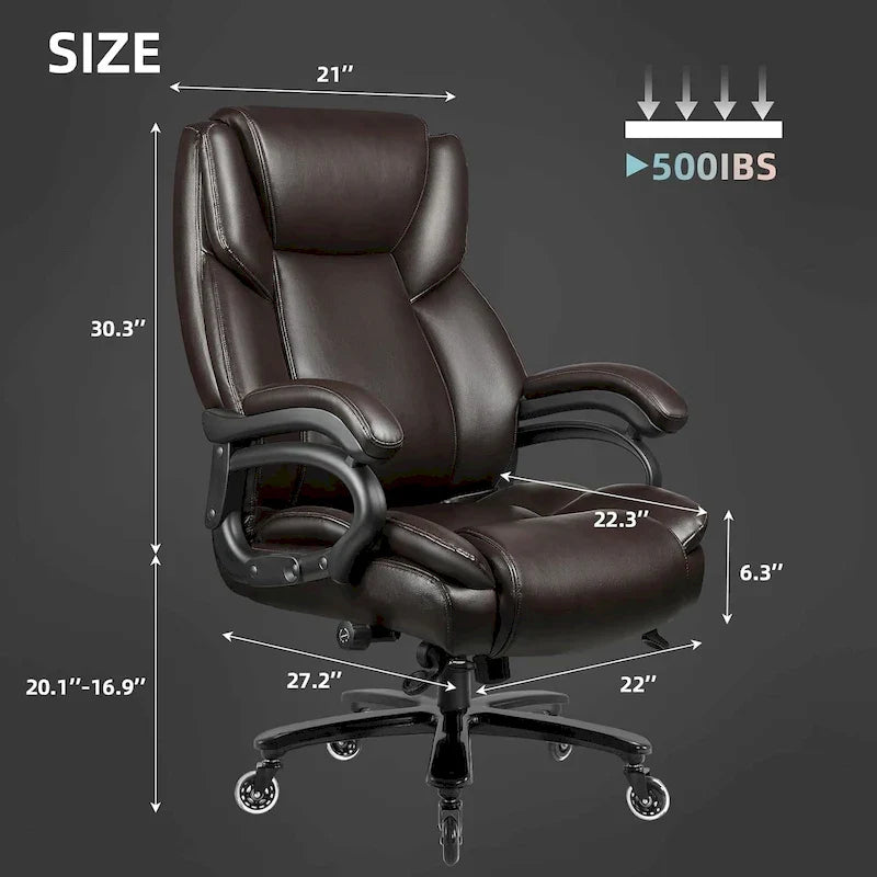 Chaise de bureau de direction Bossin grande taille et forte, 500 lb, avec support lombaire réglable, chaise ergonomique en cuir PU à dossier haut pour ordinateur