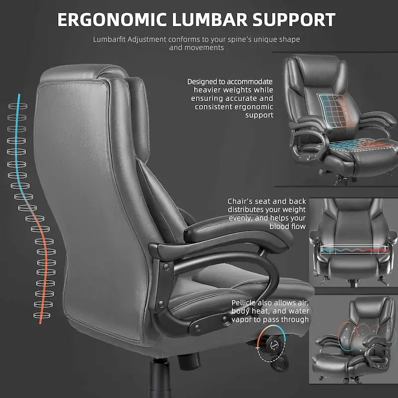 Chaise de bureau de direction Bossin grande taille et forte, 500 lb, avec support lombaire réglable, chaise ergonomique en cuir PU à dossier haut pour ordinateur