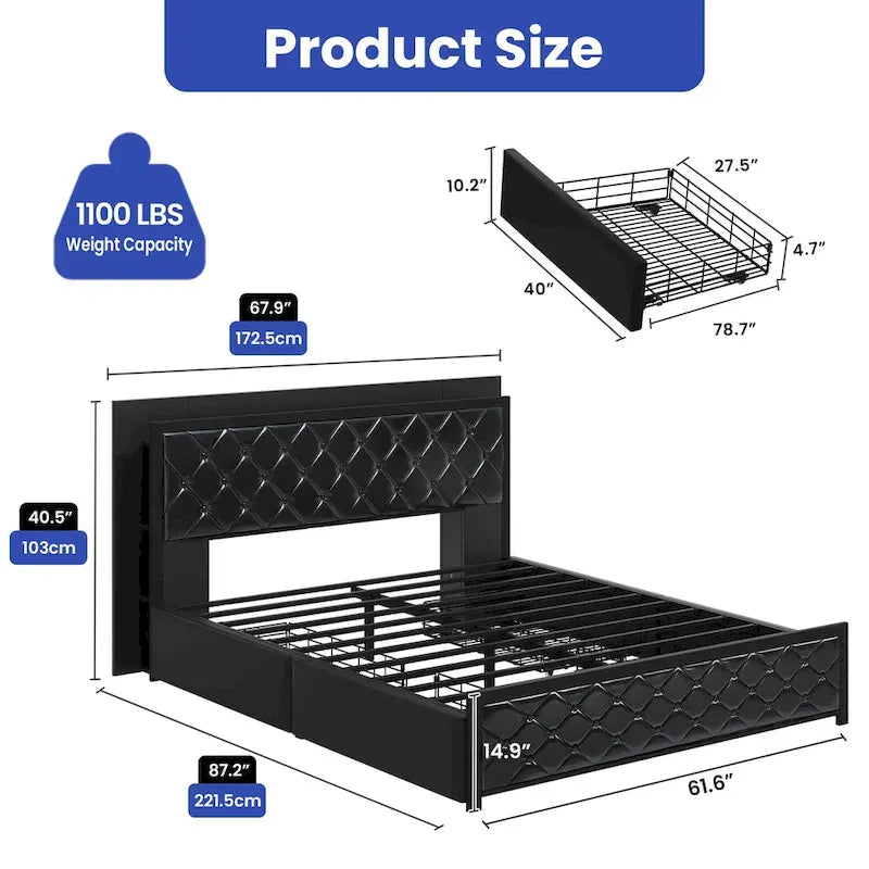 Moasis Lit Double en PU avec LED Cadre de Lit Capitonne Plateforme