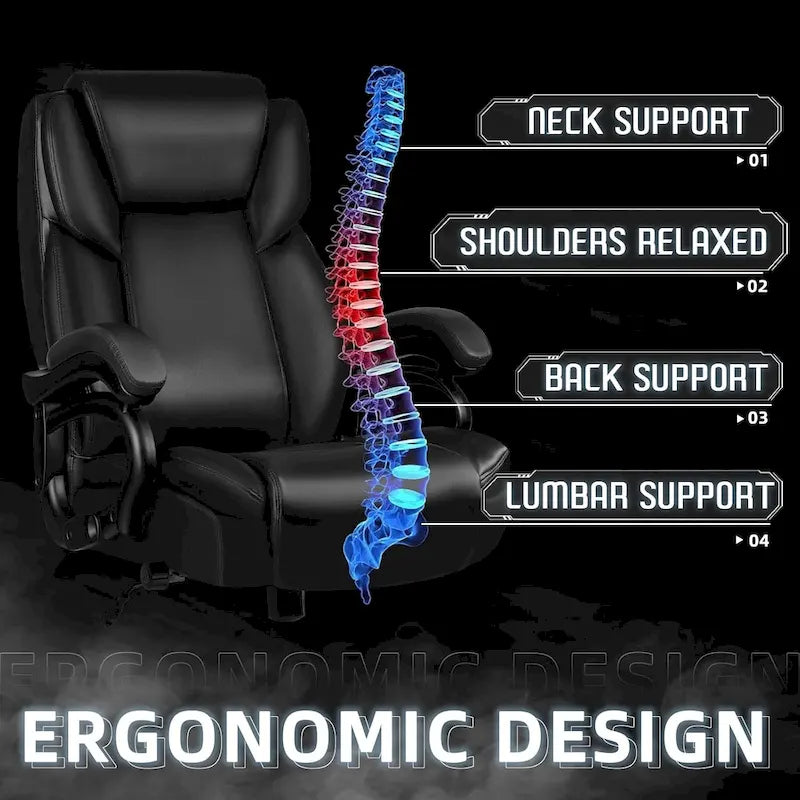 Chaise de bureau de direction Bossin grande taille et forte, 500 lb, avec support lombaire réglable, chaise ergonomique en cuir PU à dossier haut pour ordinateur