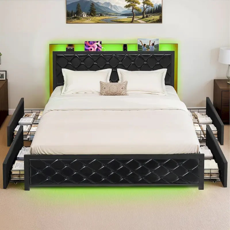 Moasis Lit Double en PU avec LED Cadre de Lit Capitonne Plateforme