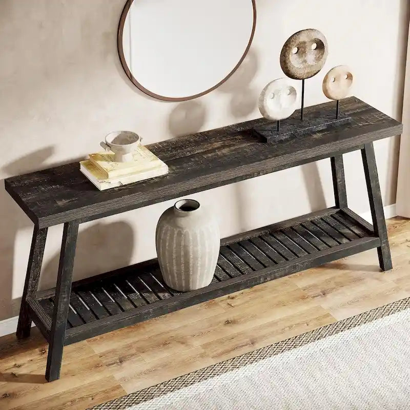 Table console de ferme de 70,9 pouces à 2 niveaux, étroite et longue, à placer derrière le canapé