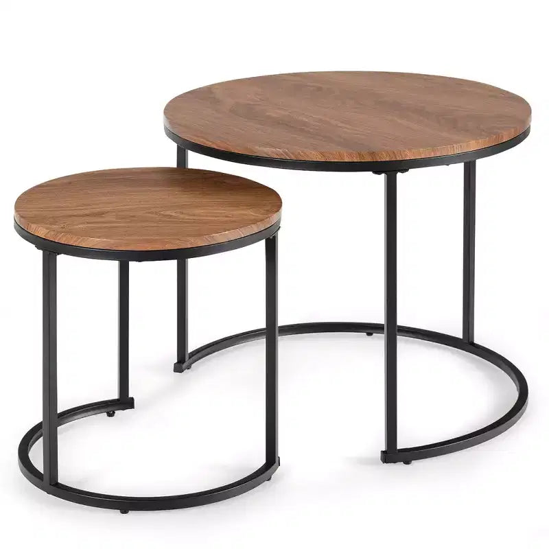Costway Lot de 2 tables basses gigognes pour balcon, salon, tables d'appoint rondes modernes, marron rustique/marron/or