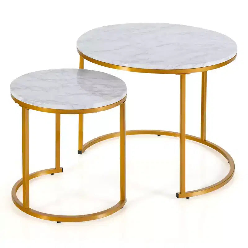 Costway Lot de 2 tables basses gigognes pour balcon, salon, tables d'appoint rondes modernes, marron rustique/marron/or