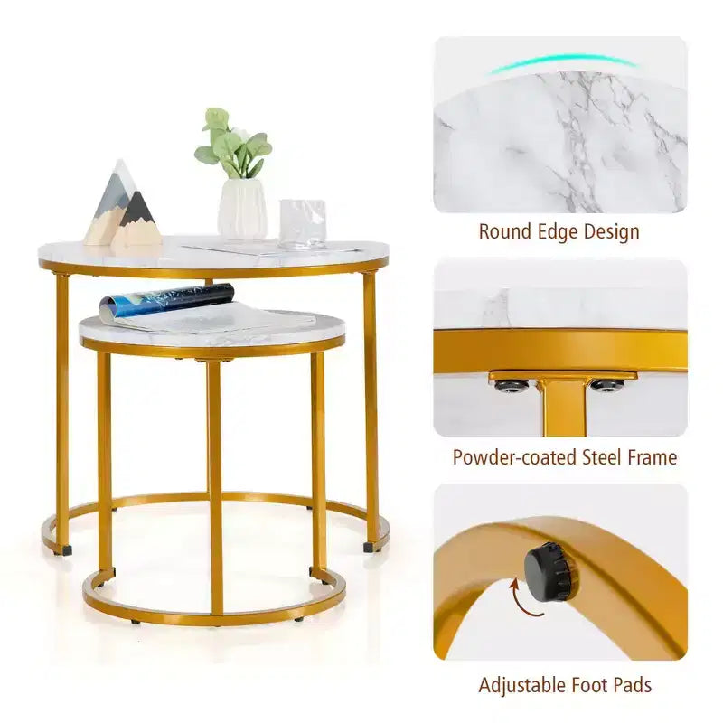 Costway Lot de 2 tables basses gigognes pour balcon, salon, tables d'appoint rondes modernes, marron rustique/marron/or