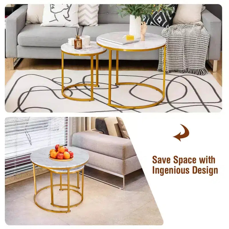 Costway Lot de 2 tables basses gigognes pour balcon, salon, tables d'appoint rondes modernes, marron rustique/marron/or