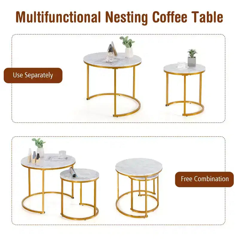 Costway Lot de 2 tables basses gigognes pour balcon, salon, tables d'appoint rondes modernes, marron rustique/marron/or