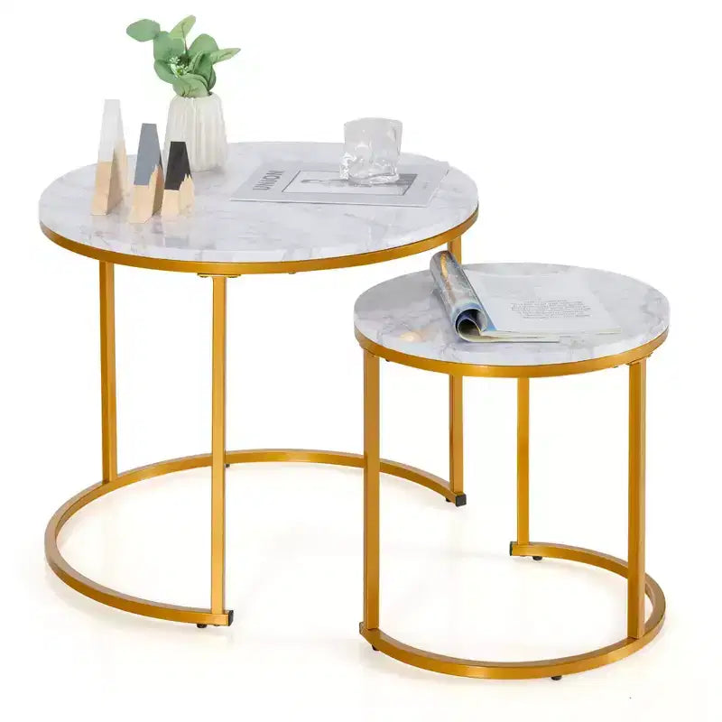 Costway Lot de 2 tables basses gigognes pour balcon, salon, tables d'appoint rondes modernes, marron rustique/marron/or