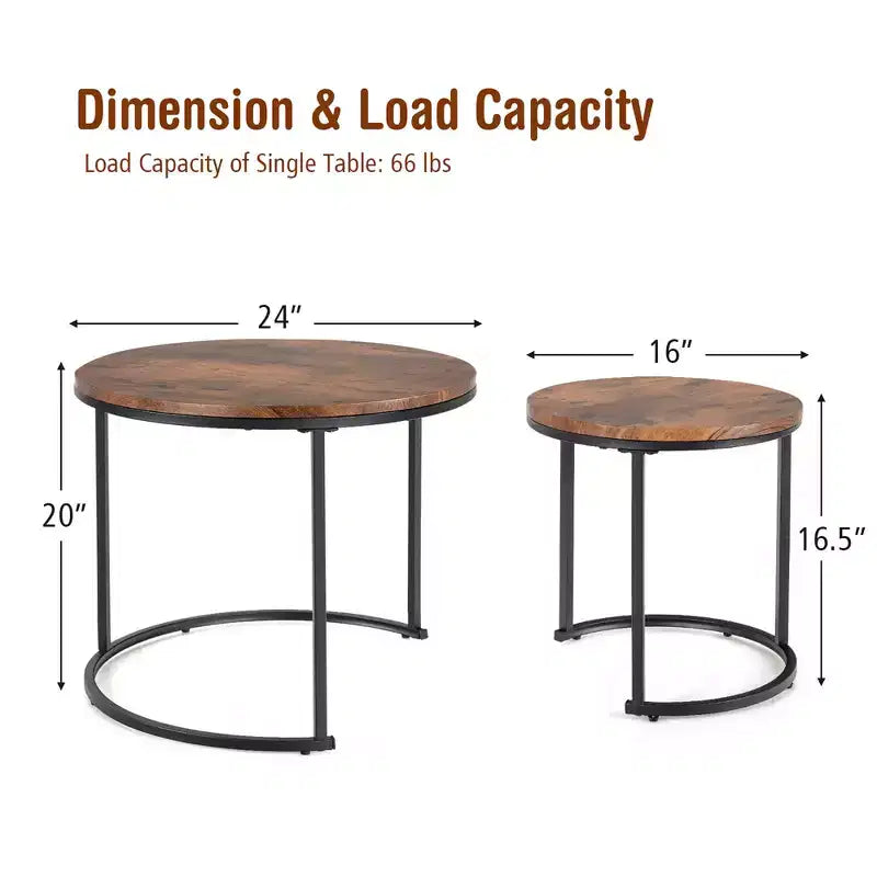 Costway Lot de 2 tables basses gigognes pour balcon, salon, tables d'appoint rondes modernes, marron rustique/marron/or