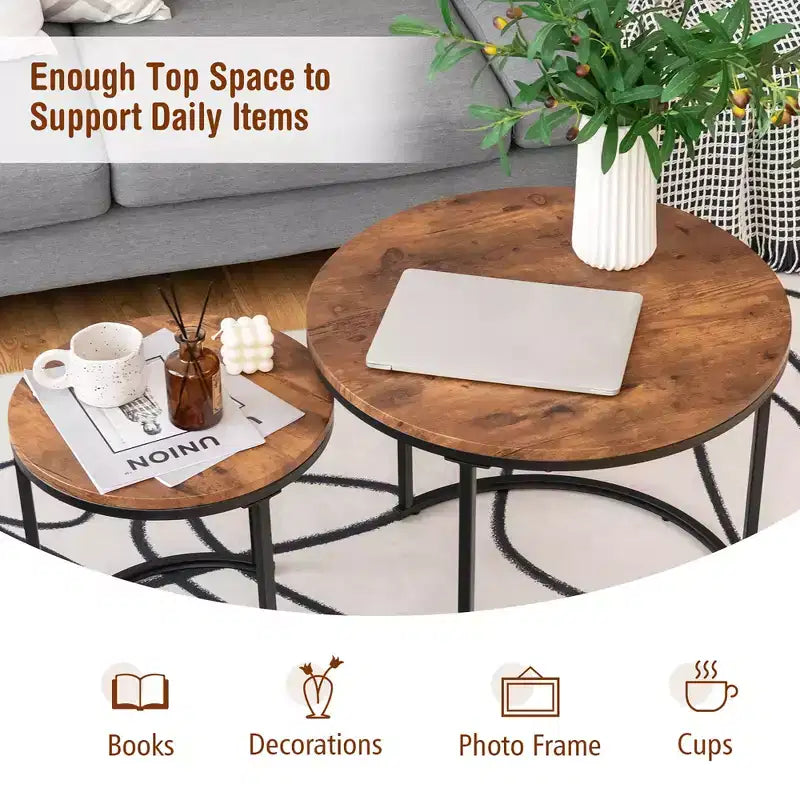 Costway Lot de 2 tables basses gigognes pour balcon, salon, tables d'appoint rondes modernes, marron rustique/marron/or