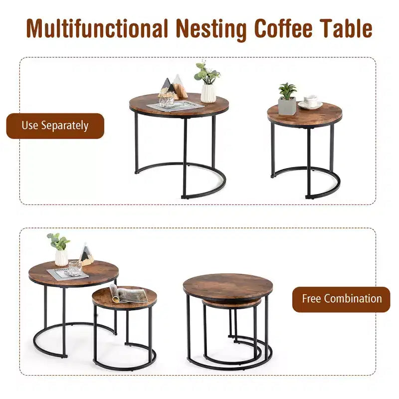 Costway Lot de 2 tables basses gigognes pour balcon, salon, tables d'appoint rondes modernes, marron rustique/marron/or