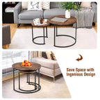 Costway Lot de 2 tables basses gigognes pour balcon, salon, tables d'appoint rondes modernes, marron rustique/marron/or