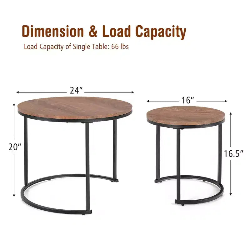 Costway Lot de 2 tables basses gigognes pour balcon, salon, tables d'appoint rondes modernes, marron rustique/marron/or