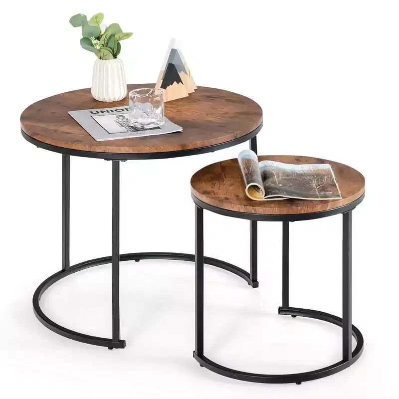 Costway Lot de 2 tables basses gigognes pour balcon, salon, tables d'appoint rondes modernes, marron rustique/marron/or